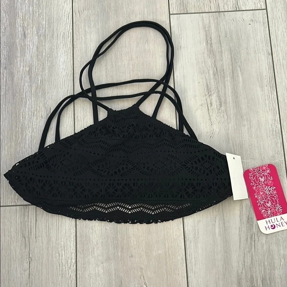Hula Honey black crochet halter top swim bikini size small